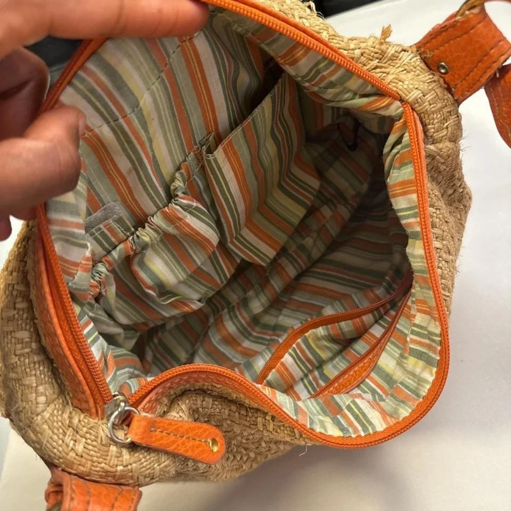 Vintage Y2K Stone Mountain Straw & Leather Hobo Bag‎